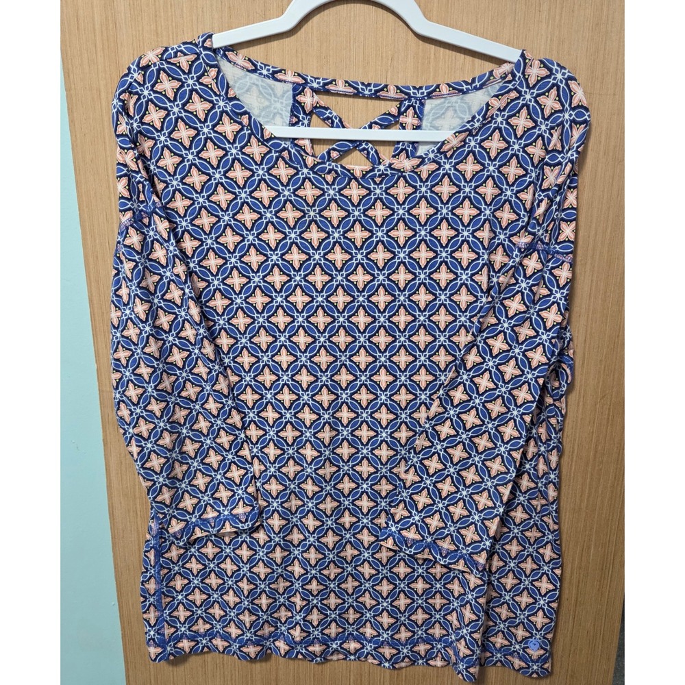 T by Talbots Size L Geometric Print Long Sleeve Knit Top Cutout Back Womens - Picture 1 of 4